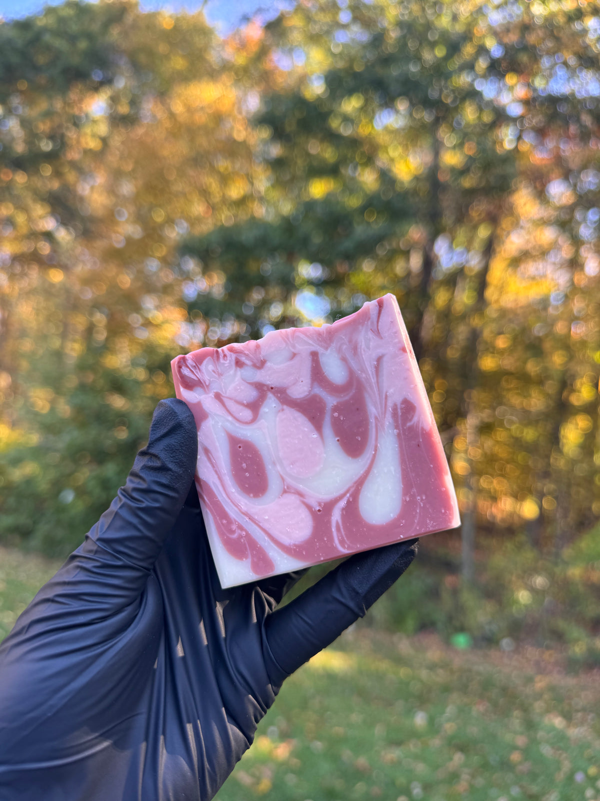 A gloved hand holding a dark pink, light pink, and white swirled bar of soap with an outdoor autumn background.