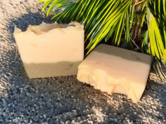 Two handmade soap bars with a two-tone design, beige and green, rest on a textured surface. Green leaves in the background add a natural element.