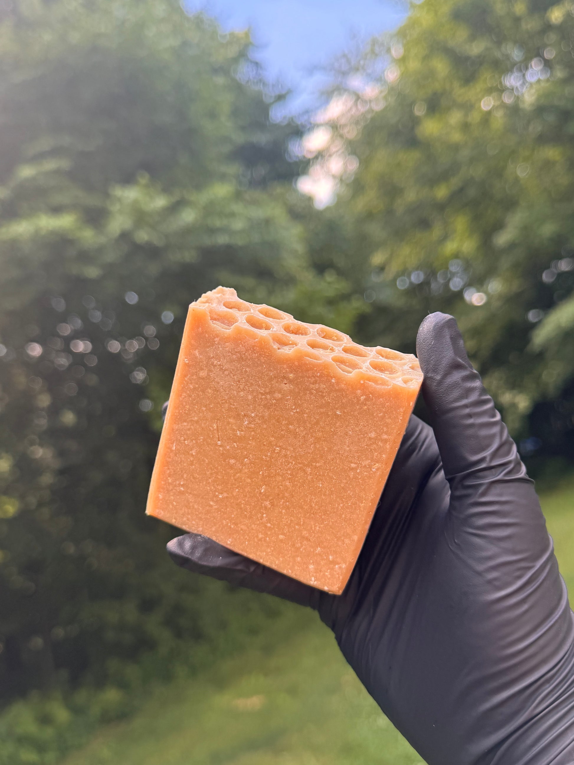 Hand wearing a black glove holding a tan bar of soap with a blurred green outdoor background