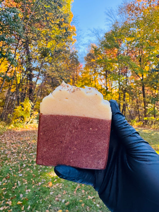 Gloved hand holding a brown soap with a white swirly top with flecks of pumpkin spice on top with a colorful fall background; soap resembles a pumpkin spice latte