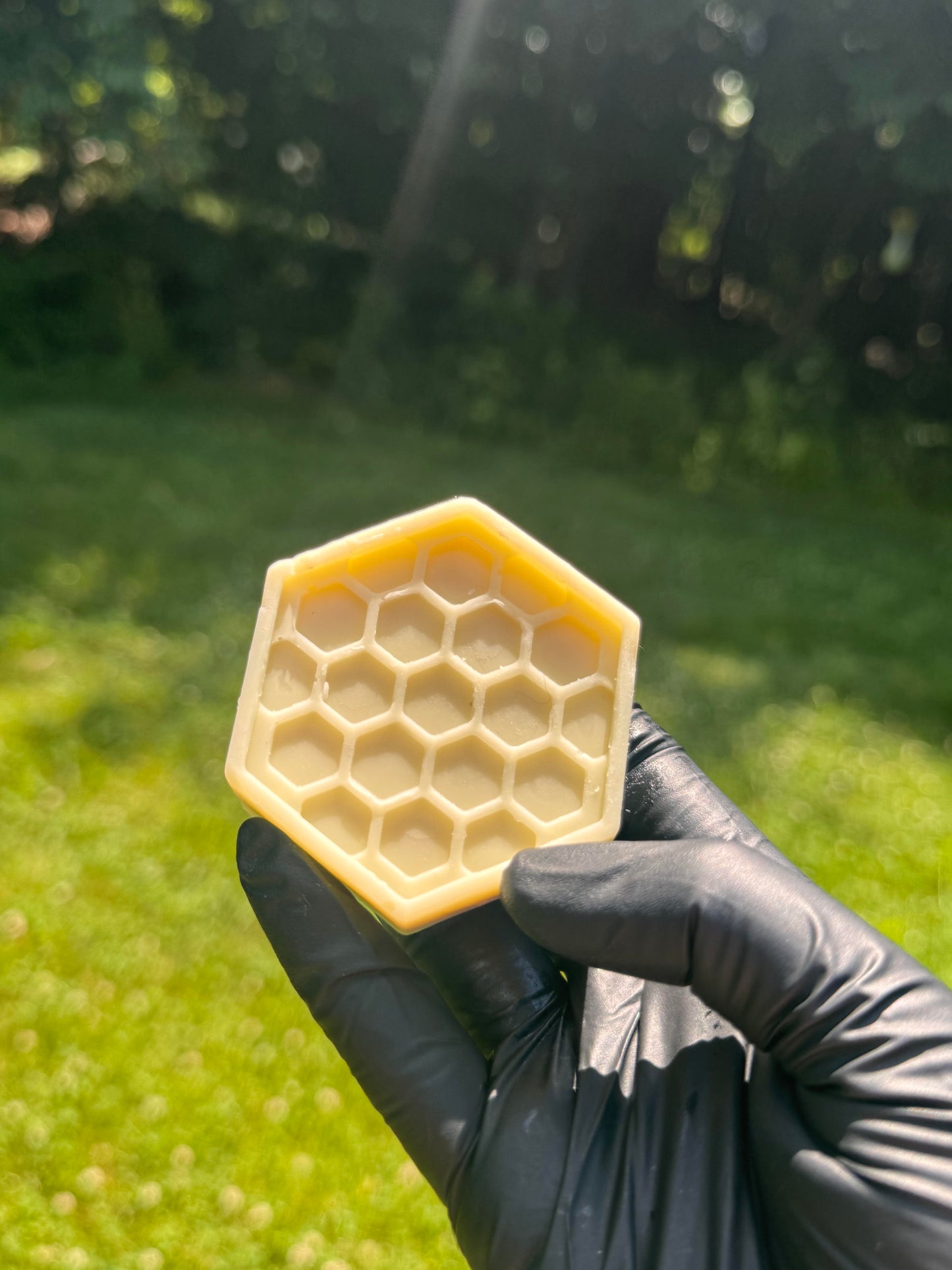 Hand holding a honeycomb-shaped lotion bar with a blurred green outdoor background