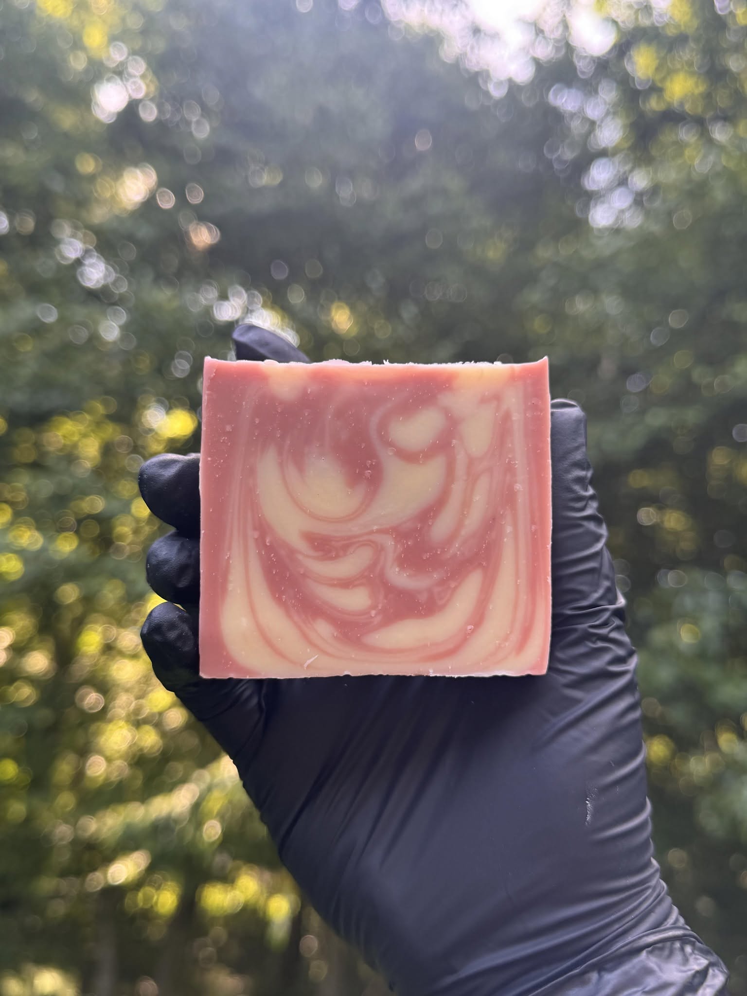 Hand holding a pink and white swirled soap bar with a tree background